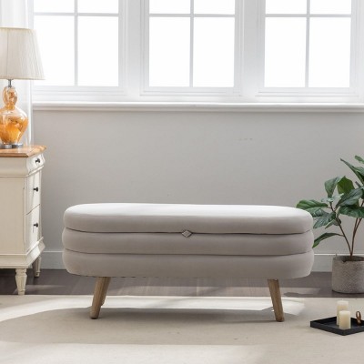 Velvet Cushioned Bench With Storage Upholstered Bench Oval Bed Bench With Storage Bedside Bench With Wood Legs-Cuddlewood