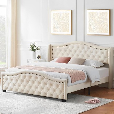 Upholstered Platform Bed Frame,Metal Bed Frame with Velvet Button Tufting and Nailhead, Arched Bed Tailboard,Embellished Wing Back Headboard