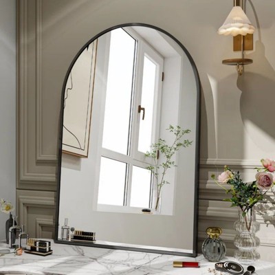 24" x 36" Arched Mantle Mirror, Black/Gold-HOMLUX: Metal Frame, Wall Mount, Modern Decor