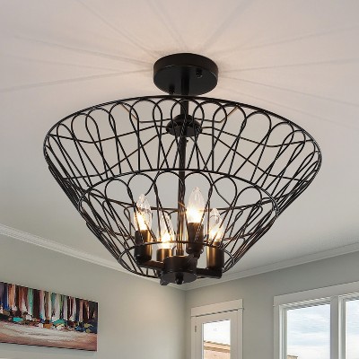 PAKOKULA 20 in. 4-Light Matte Black Industrial Cone Metal Cage Semi-Flush Mount Light for Hallway Kitchen Island