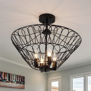 PAKOKULA 20 in. 4-Light Matte Black Industrial Cone Metal Cage Semi-Flush Mount Light for Hallway Kitchen Island - 1 of 4