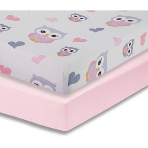 Everyday Kids 2-Pack Fitted Girls Crib Sheets, Soft Microfiber, Fits 28"x52" Mattress, Breathable Baby Nursery Sheets - Sweet Owls/Pink - 1 of 4