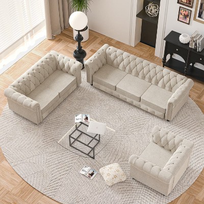 6 Seater 3pcs Linen Chesterfield Couches, Armchair Loveseat Sofa Set Tufted Couch for Living Room -Morden Fort