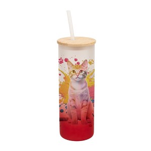 100 North 25 Ounce Frosted Glass Gradient Travel Tumbler With Straw & Wooden Lid, Tabby Cat Paint Splatter Red - 1 of 4