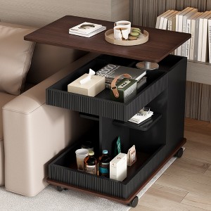 Gulches Adjustable End Table with Wheels - Modern Lift-Top 360¡ãRotating Side Table, Lockable Casters for Living Room Small Space,Brown and Black - 1 of 4