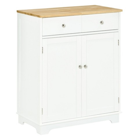 HBEZON Kitchen Storage Cabinet, Sideboard Floor Cupboard with Solid Wood Top, Adjustable Shelf, and 2 Drawers for Living Room, and Hallway