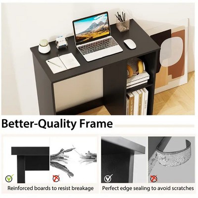 Desk with laptop and organized shelves in a home office setting
