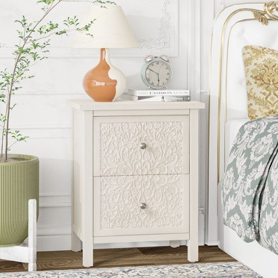 JIONJOY French Country Nightstand - Fully Assembled 2-Drawer Floral Cutout Side Table with Distressed White Finish