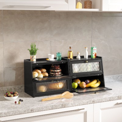 Double Bread Box, Bamboo Kitchen Countertop Organizer, Large Capacity Bread Rack With Window