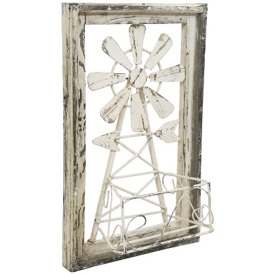 Sunnydaze Indoor/Outdoor Metal Windmill Planter with Wooden Frame for Front Porch, Patio, Entryway, or Living Room - 22.5"