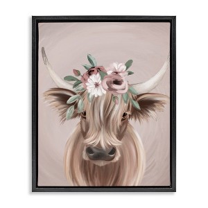 Stupell Industries Highland Cattle Pink Flower Crown Black Framed Floater Canvas Wall Art - 1 of 4