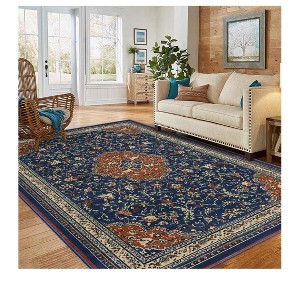 Area Rug, Navy Blue & Orange, Boho Chic Medallion Distressed Design, Non-Shedding & Easy Care, Ideal For High Traffic Areas In Living Room, Bedroom - 1 of 4