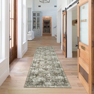 Washable Vintage Rug Non Slip Low Pile Rug Soft Floral Distressed Throw Floor Cover Foldable Indoor Carpet for Living Room Bedroom Playroom Nursery