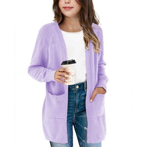 Clearlove Girls' Solid Color Knit Cardigan Long Sleeve Open Front Sweater with Pocket Cute Loose Fit Outerwear for Kids - 1 of 3