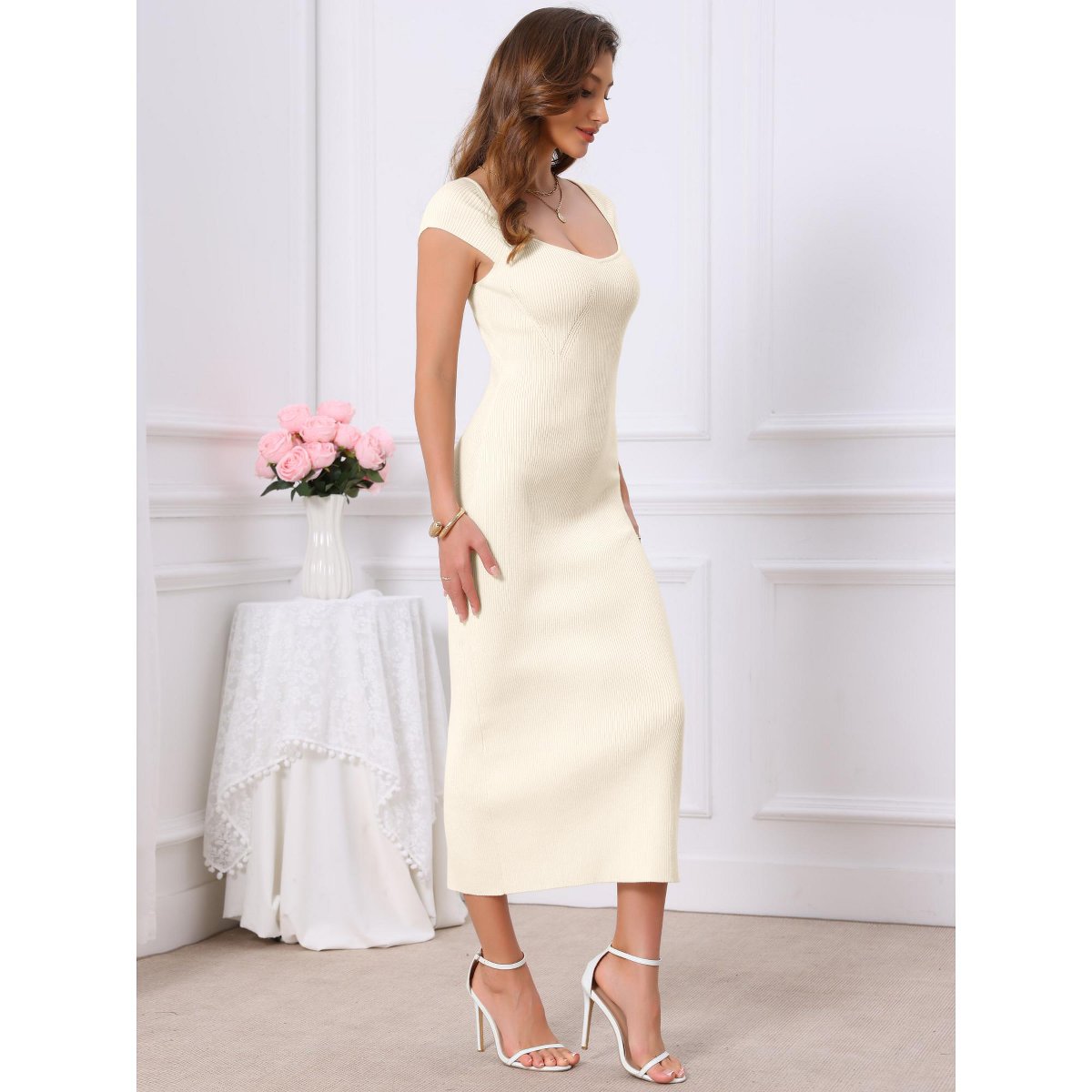 Женские платья INSPIRE CHIC Women's Bodycon Knit Cocktail Party Cap Sleeve Sweetheart Neck Maxi Dresses X Large Beige — фото 2