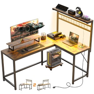 HOMCOM 61.6" L Shaped Desk with Power Outlets & LED Lights, Convertible Computer Desk with Monitor Stand and Computer Shelf for Home Office - 1 of 4