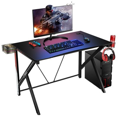 Costway K-Shaped Computer Gaming Desk 45"Racing Desk w/Cup Headphone Holder & Game Storage