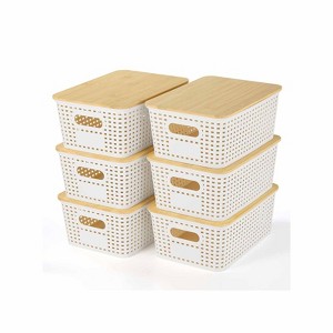 Aoibox Plastic Storage Baskets with Bamboo Lid Stackable Organizer Bins for Shelves Drawers Closet Office 6 Pack - 1 of 4