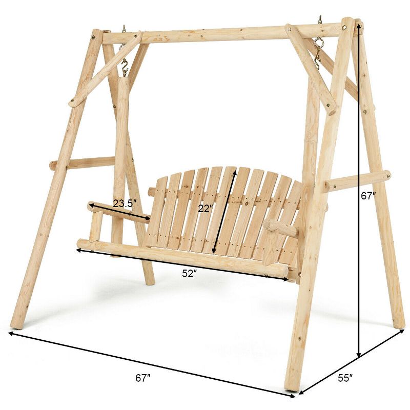 Costway A-Frame Wooden Porch Swing Outdoor garden rural Torched Log Curved Back Bench, 2 of 8