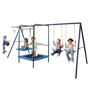 Okak 4-IN-1 Swing Set With Belt Swing and Hammock Swing, Kids Swing with Trampolone and Basket Rim, Patio Swing for Outdoor Use, Multicolor - 1 of 4