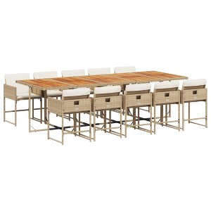 vidaXL 11 Piece Patio Dining Set – Beige Poly Rattan Outdoor Furniture with Cushions & Acacia Wood Table - 1 of 4