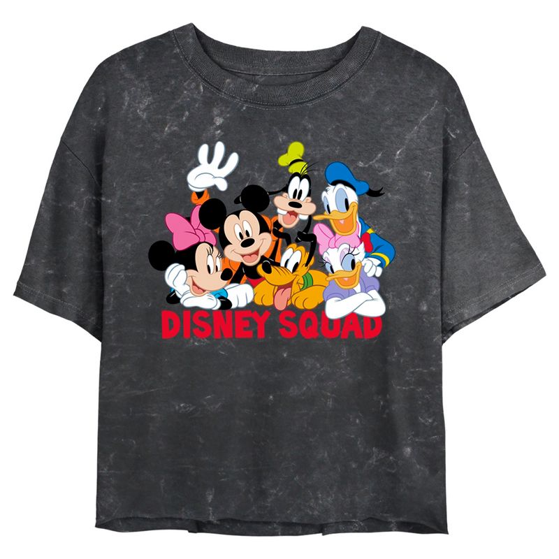 Juniors Womens Mickey & Friends Disney Squad Group Shot Mineral Wash Crop T-Shirt, 1 of 5