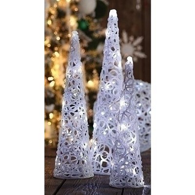  Roman Set of 3 White Pre-Lit LED Iced Cone Tabletop Christmas Trees 21" 