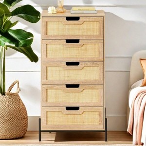 Rattan 5 Drawer Dresser Tall, Natural Oak 5 Chest of Drawers Nightstand with Solid Metal Legs, Modern Storage Closet for Bedroom Living Room Entryway - 1 of 4