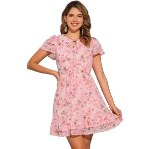 INSPIRE CHIC Women's Ruffle Sleeve Self-Tie V Neck Mini A-Line Floral Dress - 1 of 4