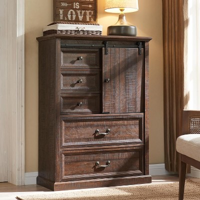 47″ Farmhouse 5 Drawer Dresser with Sliding Barn Doors & Adjustable Shelves, Rustic Wood Dressers Organizer for Bedroom, Kitchen, Hallway