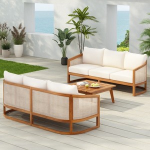 Christopher Knight Home Elrane Mid-Century Modern Patio 3-Seater Acacia Wood Sofa with Thick Cushions - 1 of 4