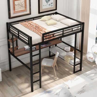 Whisen Full Size Metal Loft Bed with Long Desk, Triangle Shelves and Ladder - Black