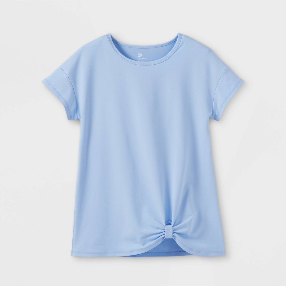 Size M (7/8) Girls' Short Sleeve Twist-Front Gym T-Shirt - All in Motion Light Blue M