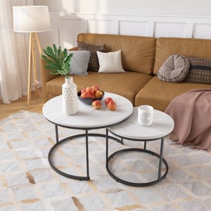 Nesting Coffee Table Set of 2, 27.6inch Round Coffee Table Wood Marble Pattern Top with Sturdy Metal Frame, End Table Side Tables - 1 of 4
