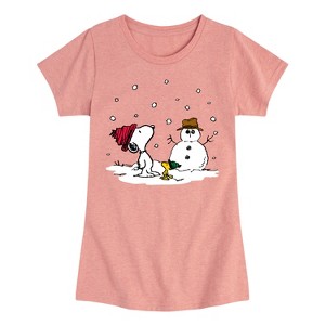 Girls' - Peanuts - Snoopy Woodstock Snowman Fitted Short Sleeve Graphic T-Shirt - 1 of 4
