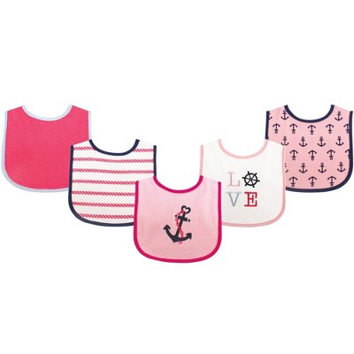 Luvable Friends Baby Girl Cotton Terry Drooler Bibs with PEVA Back 5pk, Girl Nautical, One Size