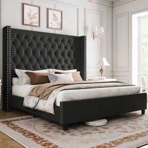 Bed Frame with 61.4" Headboard,Velvet Tufted and Handmade Pleat Deep Button - 1 of 4