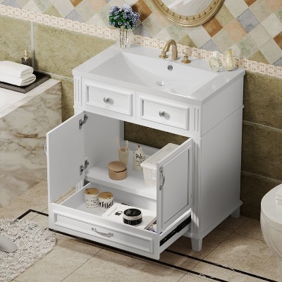 Okak 30" Retro Style Solid Wood Frame Bathroom Vanity with Sink Freestanding Resin Sink Vanities with Cabinet and 2 Soft Closing Doors, White