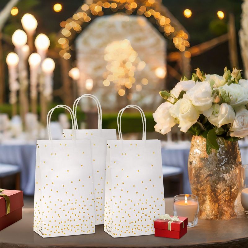 Sparkle and Bash 25 Pack Small Gift Bags with Handles - White Paper Bags with Gold Foil Polka Dots for Birthday, Wedding (5.5x3x9 In), 3 of 7
