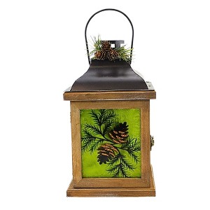 Stony Creek 10.5 Inch Whispering Pines Pre-Lit Lantern Thanksgiving Lighted Glass Accent , Pine Cones Greenery (1PC) - 1 of 4