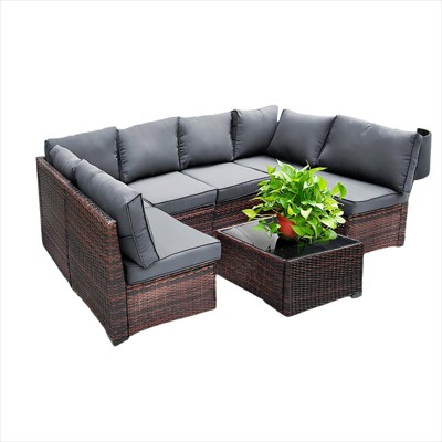 Nertpow 6 Piece Patio Furniture Set - PE Wicker Long Sofa with Barrel-Shaped Design - Durable, Comfortable and Stylish Outdoor Seating Solution,Grey