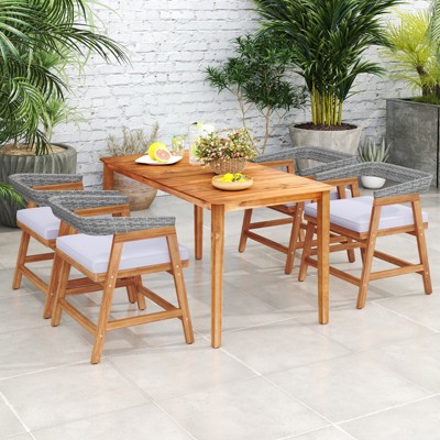 Tangkula 5PCS Patio Dining Set Solid Wood Furniture w/ Rattan Backrest & Seat Cushions