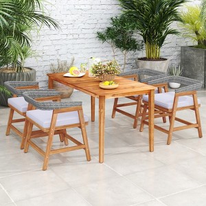 Tangkula 5PCS Patio Dining Set Solid Wood Furniture w/ Rattan Backrest & Seat Cushions - 1 of 4