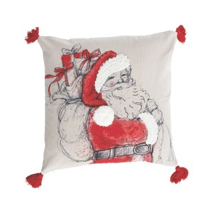 Storied Home Square Cotton Chambray Printed Pillow with Embroidered Santa Image, Tufting, Pom Poms and Tassels, Multicolor - 1 of 2