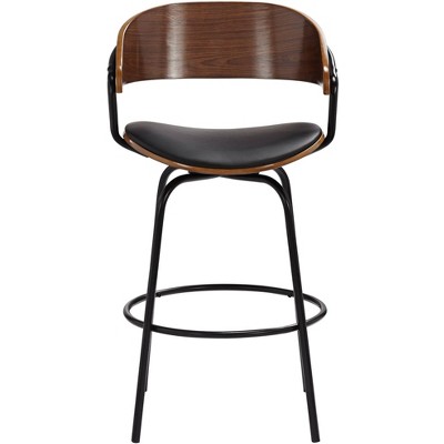 Larsen 26" Mid-Century Modern Swivel Bar Stool in Black Faux Leather & Walnut