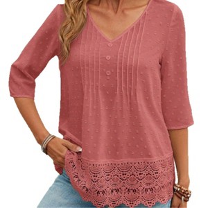 Coolmee Women's 3/4 Length Sleeve Tops V Neck Casual Pleated Tunic Tops Loose Fit Shirts Blouses - 1 of 4