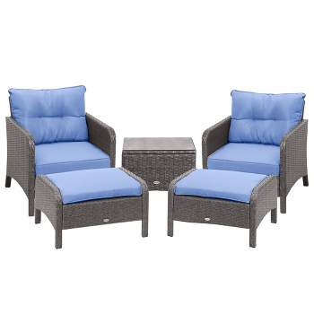 Outsunny 5 Piece Rattan Wicker Lounge Chair, Outdoor Patio Conversation Set with 2 Cushioned Chairs, 2 Ottomans & Top Coffee Table, Blue