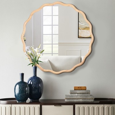 Modern Solid Wood Wavy Mirror, Natural Wood Vanity Mirror Wall Decor, for Bathroom, Bedroom, Living Room, Cloakroom, Entryway