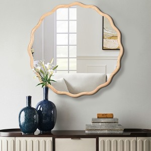 Modern Solid Wood Wavy Mirror, Natural Wood Vanity Mirror Wall Decor, for Bathroom, Bedroom, Living Room, Cloakroom, Entryway - 1 of 4