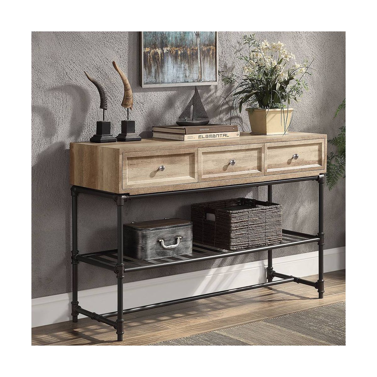 Brantley 47" Accent Tables Oak and Sandy Black - Acme Furniture: 3-Drawer, Metal Frame, Wood Composite Top - thumbnail 5